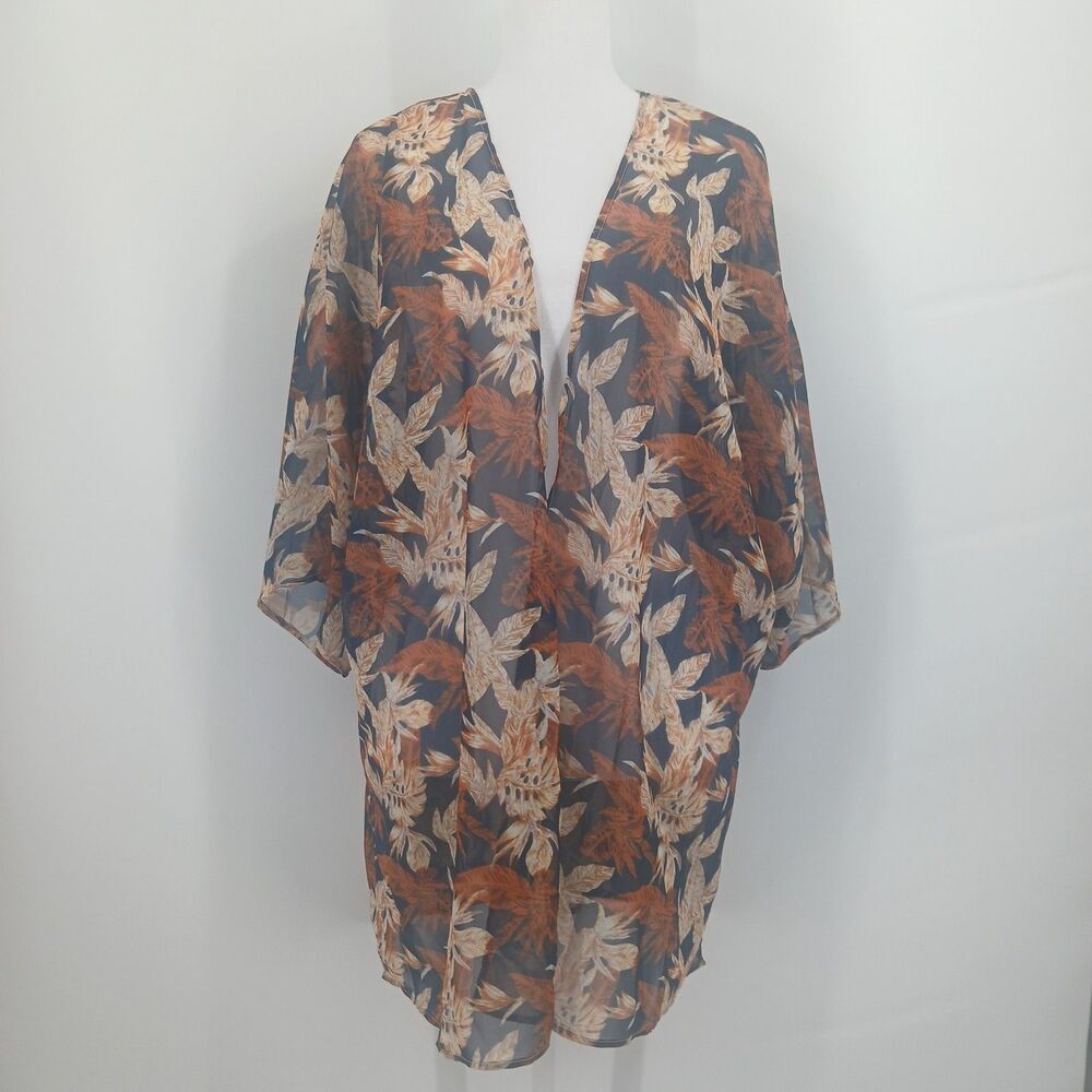 womans brown tropical print open front kimono sheer cardigan size medium